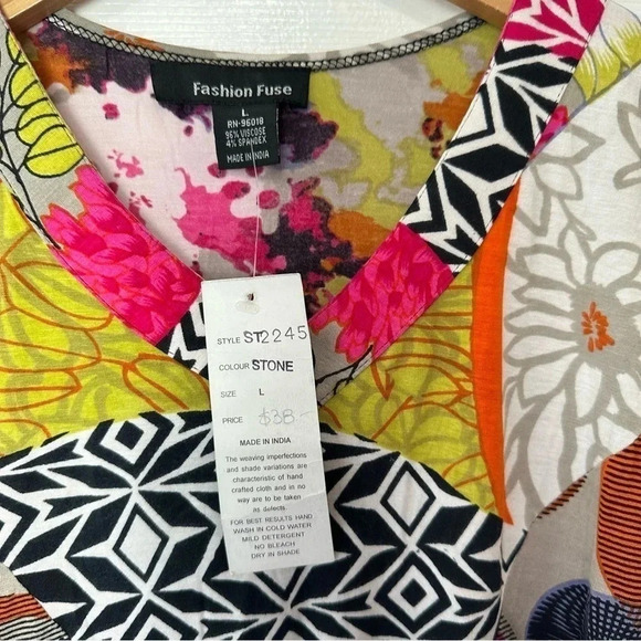 Fashion Fuse women's L multicolor psychedelic short sleeve V-neck‎ tunic artsy - Picture 5 of 7